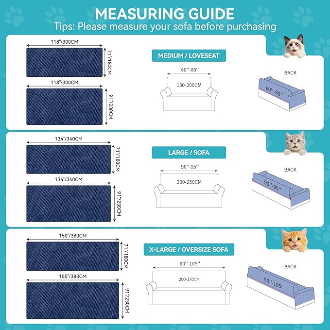 Warmstar Couch Protector from Cat Claws, Waterproof Couch Cover Anti Slip,Couch Cover 3 Cushion Sofa Washable,Anti-Scratch Pet Sofa Cover Heavy Duty,71"X118", Blue