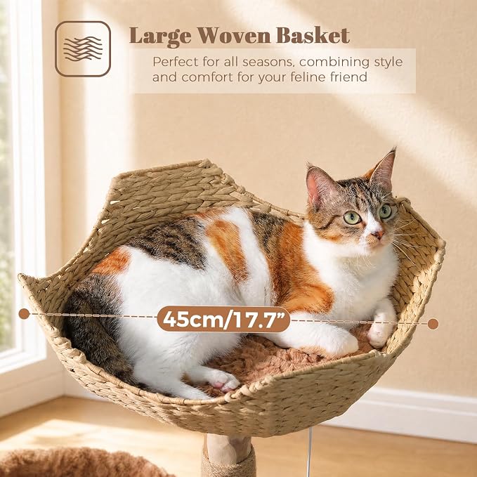 MUTTORS Modern Cat Tree for Indoor Cats, 40 Inches Natural Solid Wood Cat Tower for Large Cats, Aesthetic Cat Furniture with Top Rattan Basket, Hammock & Scratching Post, Brown