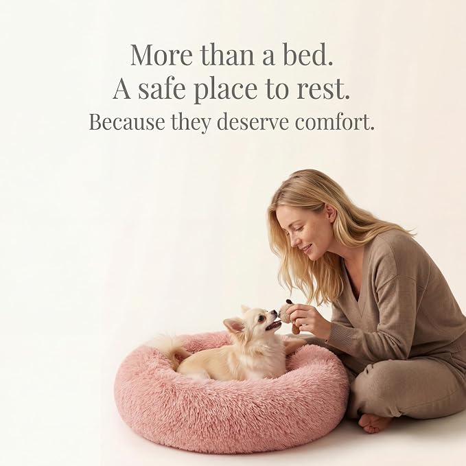 Calming Donut Dogs Beds for Small Dogs Washable,19inch Fluffy Round Puppy Bed for Puppies,Cats & Toy Breeds with Raised Rim,Fits up to 15 lbs Pets,Pink