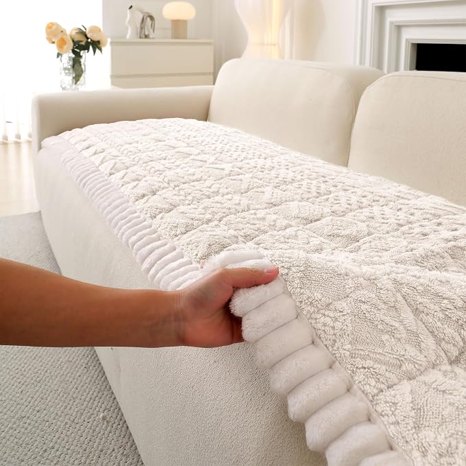 OTOB All Seasons Sofa Covers for 3 Cushion Couch Washable, Geometric Jacquard Fuzzy Non-Slip Pet Couch Cover, Kids Pet Friendly Soft Plush Sofa Slipcovers Dog Bed Mats (Off White, 27.6" x 70.9")