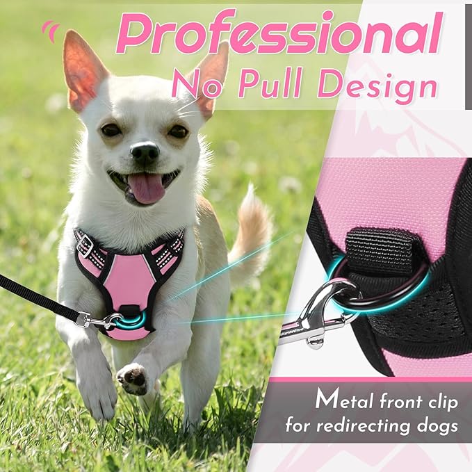 Eagloo Small Dog Harness No Pull, Service Vest with Reflective Strips and Control Handle, Adjustable and Comfortable for Walking, No Choke Pet Harness with 2 Metal Rings, Pink, XS