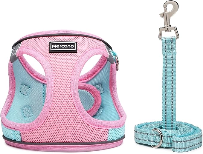 Mercano Soft Mesh Dog Harness and Leash Set, Step-in Reflective Breathable Lightweight Vest Harnesses with Safety Buckle for Small Dogs, Cats (L, Pink Blue)