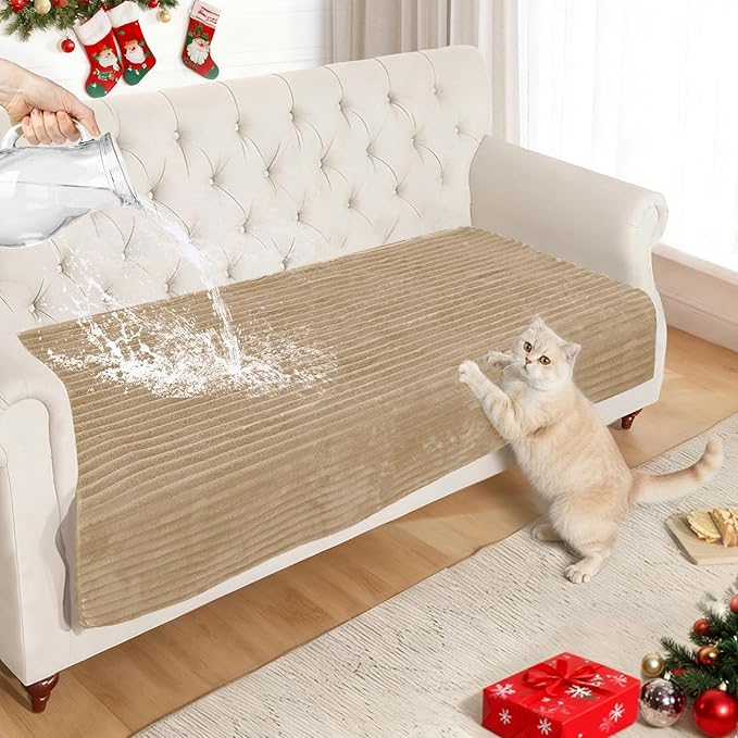 NAISI Couch Covers for Dogs Waterproof Flannel Striped Sofa Cover Pet Friendly Washable Dog Mat for Couch Anti Slip Sectional Sofa Slipcover Protector(1pc/35"x 63",Camel)