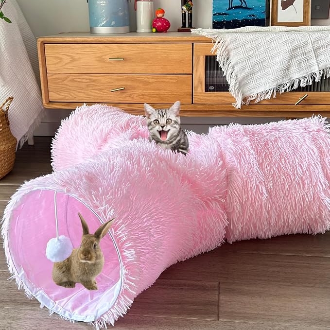 3-Way Collapsible Cat Tunnel Tube Toy Pink Plush — Interactive Play Tunnel with Hanging Ball & Peek Hole for Indoor Cats, Kittens, Puppies & Rabbits | Hours of Fun & Exercise