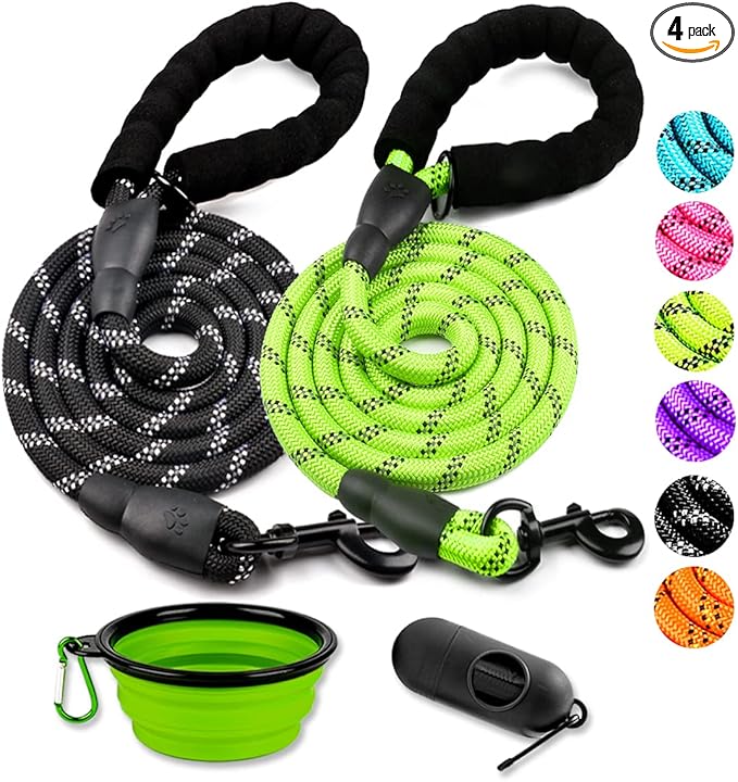 COOYOO 2 Pack Dog Leash 6 FT Heavy Duty - Comfortable Padded Handle - Reflective Dog Leash for Medium Large Dogs with Collapsible Pet Bowl Set 6-Black+Green