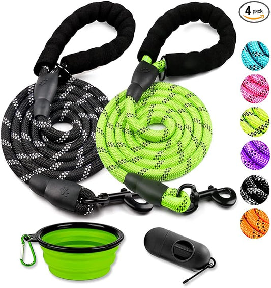 COOYOO 2 Pack Dog Leash 6 FT Heavy Duty - Comfortable Padded Handle - Reflective Dog Leash for Medium Large Dogs with Collapsible Pet Bowl Set 6-Black+Green
