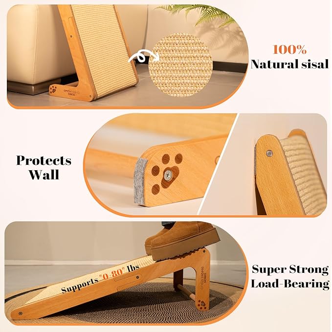 CHEERHOME PETS Sisal Cat Scratcher Ramp for Indoor Cats, 24.8" L Shape Cat Scratching Post Climbing Vertical Cat Scratch Pad, Solid Wooden Cat Furniture(Standard)