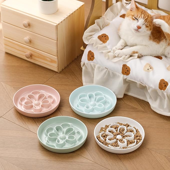 Melamine Cat Slow Feeder Bowl Set - Floral Maze Food Dishes for Cats and Small Dogs - Shallow Wide Plates for Dry & Wet Food - 3 Pack - Green & Blue & Pink