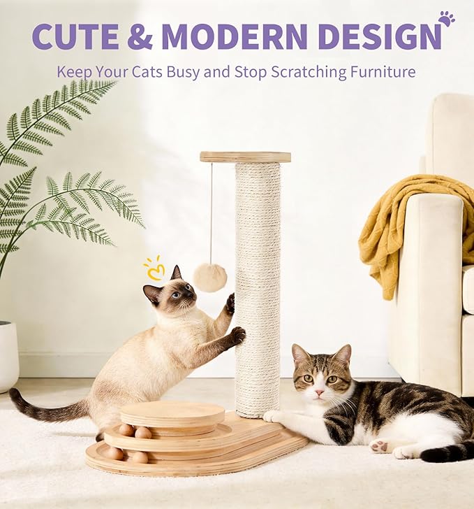 Made4Pets Cat Scratching Post Cat Scratcher Kitten Toys for Indoor Cats Wooden Ball Track Two-Layer Modern Sisal 17.7" Tall Scratch Post Interactive Toy with Dangling Ball
