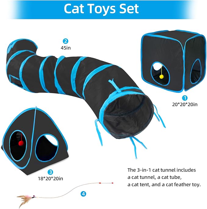 Cat Tunnels for Indoor Cats with Tent Cube and Feather Toy Collapsible Combo, Pop Up Cat Play Tunnel with Interactive Cat Toy Ball for Kitten, Ferret, Puppy, Guinea Pig, Rabbit, Bunny, Blue