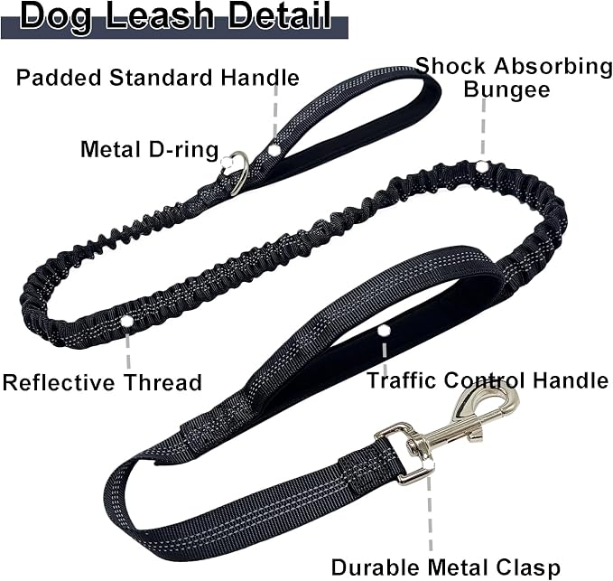 5FT Bungee Dog Leash with 2 Handles, Reflective Strong Nylon Traffic Leash, Shock Absorbing Lead for Large Medium Dogs Walking Training Controlling, Black