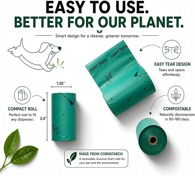 Heavy Duty Compostable Dog Poop Bags – 120 Count, Extra Thick 20 Micron, Leakproof & Unscented, Fits All Dispensers, Plant-Based Cornstarch, TÜV OK Compost HOME Certified