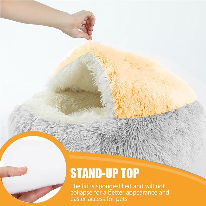 SUOXU Cat Beds for Indoor Cats,Plush Hooded Cat Cave for Puppy Kitty Small Dog Bed,Removable Washable Non-Slip Bottom Self Warming Round Fluffy Faux Fur Super Soft Calming Sleeping Pet Bed(Gray)