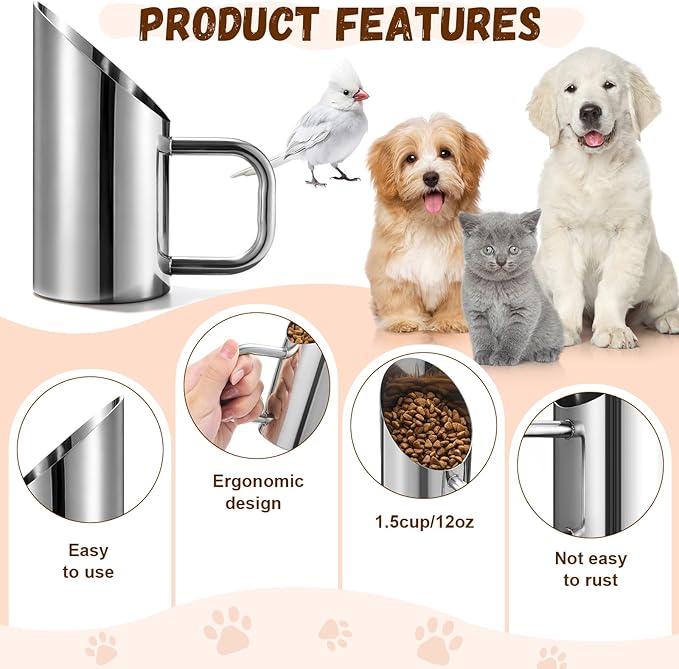 Zonon 2 Pieces 1.5/12 oz Cup Dog Food Stainless Steel Scoop, Durable Metal Dog & Cat Food Cup with Ergonomic No-slip Grip, Easy-clean, Rust-resistant Convenient for Bucket Pet Animal Feeds (Novel)