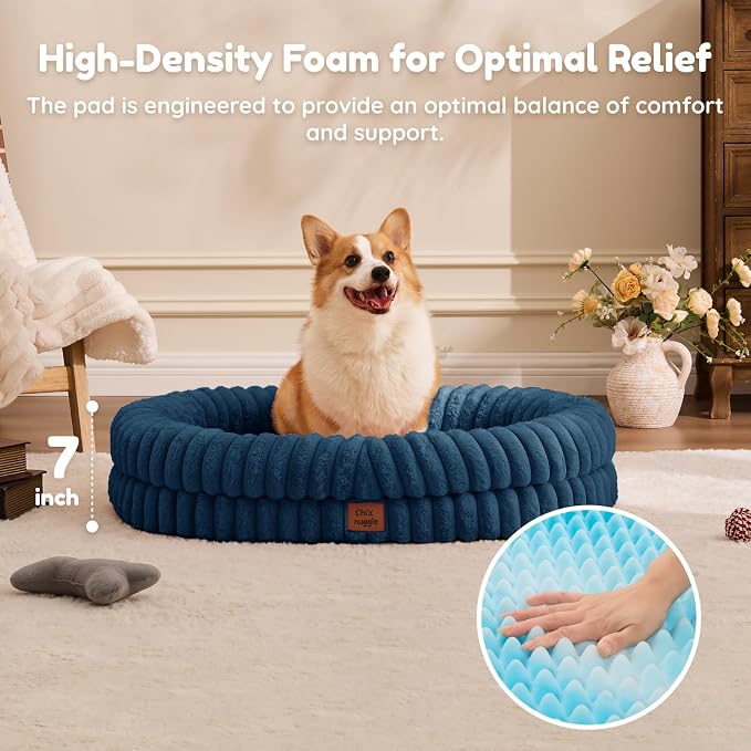 ChiXnuggle Orthopedic Dog Bed for Large Dogs, Waterproof Faux Rabbit Fur Dog Couch with Egg Crate Foam Support and Washable Removable Cover, Bolster Pet Sofa with Non-Slip Bottom, 35x28x7, Navy