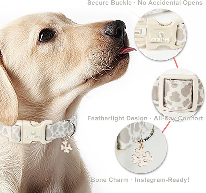 Maca Bates Beige Leopard Cute Dog Collar for Medium Boy Girl with Bone Charm,Leopard Pattern,Adjustable Durable Soft Comfortable Birthday Gift Collars for Male Female Puppy