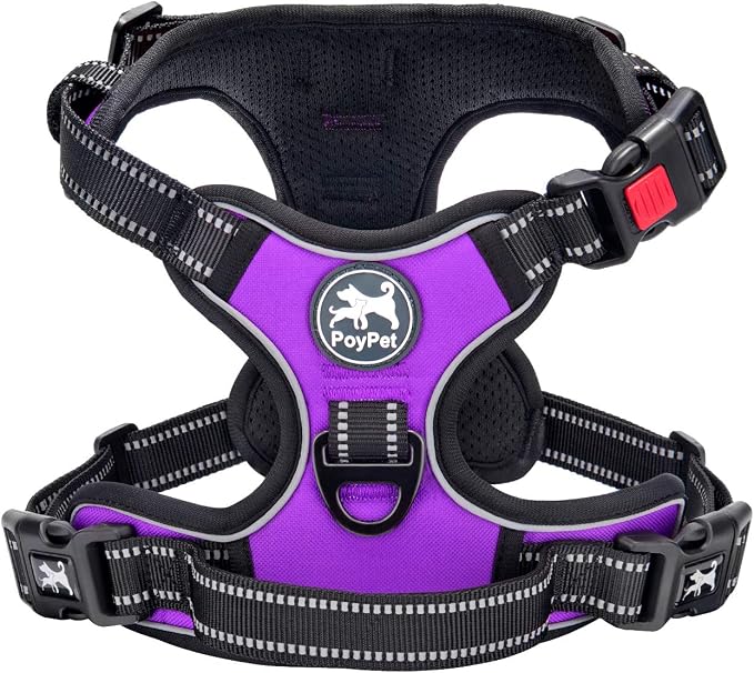 PoyPet Dog Harness No Pull, Reflective Adjustable No Choke Pet Vest with Front & Back Clips, Soft Padded and Control Training Handle for Large Dogs(Purple,XL)