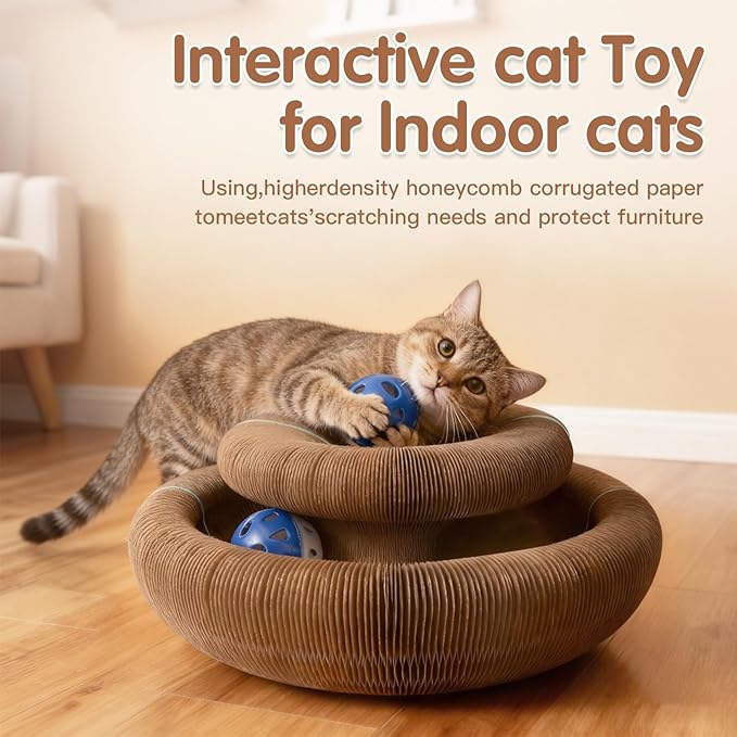 Extensible Cat Scratcher Cardboard Toy | Magic Accordion Scratching Pad with Bell Ball - Foldable & Reversible Interactive Kitty Play for Indoor Cats (2 Pack)