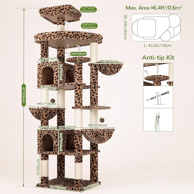 Globlazer Extra Large Cat Tree Tower 82in Tall Heavy Duty Cat Tree for Indoor Cats Large Adult Big Cat Tower with 8 Scratching Posts, 2 Condos, 2 Padded Perches, 3 Hanging Baskets, S82, Leopard Print