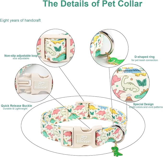 Dinosaur Dog Collar Cute Boy Dog Collars for Large Dogs - Lightweight Adjustable Cartoon Design Male Female Dogs Everyday Collar with Safety Buckle L