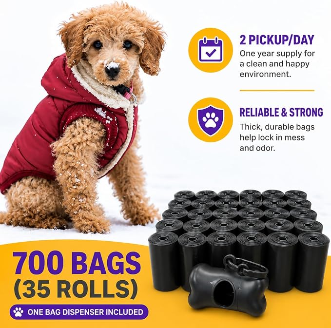 Dog Poop Biodegradable Black Bags with Dispenser (700 Bags) Eco-friendly doggy poop bags Pickup Bag 35 Refill Rolls Eco Dog Waste Bags Cat Litter Clamps & Poop Bags (35 Rolls, Uscented)