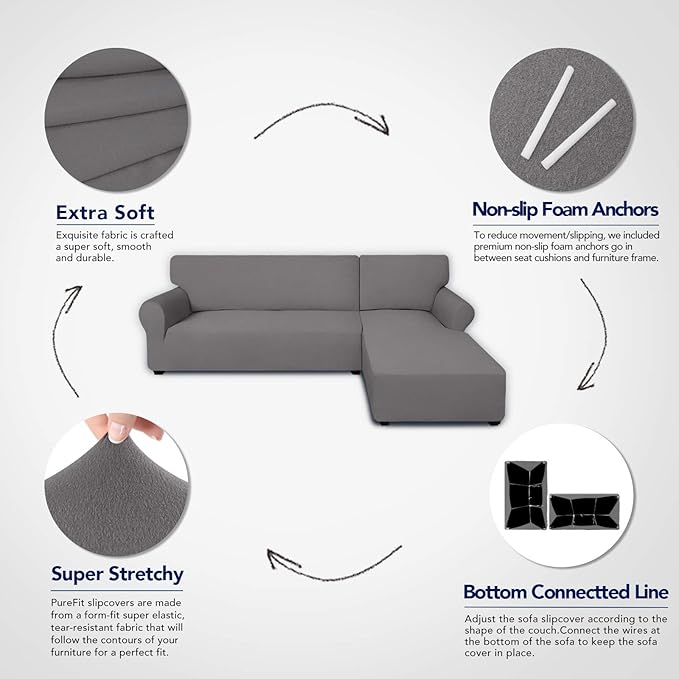 PureFit Super Stretch Sectional Couch Covers - 2 pcs Non Slip Sofa Covers with Elastic Bottom for L Shape Sectional Sofa Couch, Great for Kids & Pets (3 Seat Sofa + 3 Seat Chaise, Light Gray)