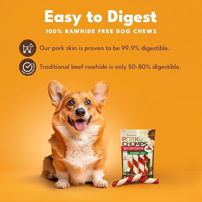 Pork Chomps Baked Pork Skin Dog Chews, 6 Inch Twists, 4 Count - Bacon Flavor Wrap - Long-Lasting Treats for Dogs - High Protein, Rawhide-Free, Low Fat, Healthy & Delicious Chews