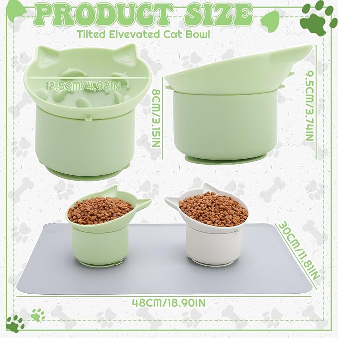 2 Pack Slow Feeder Cat Bowls Silicone Tilted Raised Pet Bowl with Non Slip Base for Digestion Anti Vomit, Gray, Green