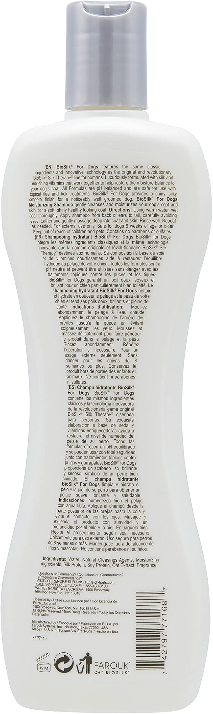BioSilk for Dogs Silk Therapy Moisture Shampoo with Silk Proteins and Vitamins, Restores Shine and Softness, Sulfate Free, Paraben Free, pH Balanced, Made in USA, 12 Fl Oz