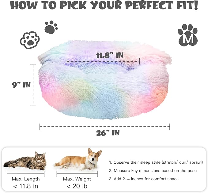 Himax Medium Dog Bed Washable, Round Dogs Beds with Blanket Attached, Calming Dog Bed, Multi-Colored (20"/26"/35")