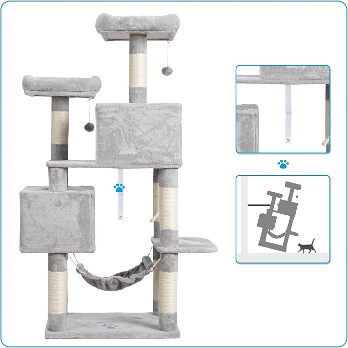 Hey-brother Large Multi-Level Cat Tree Condo Furniture with Sisal-Covered Scratching Posts, 2 Bigger Plush Condos, Perch Hammock for Kittens, Cats and Pets Light Gray MPJ020W