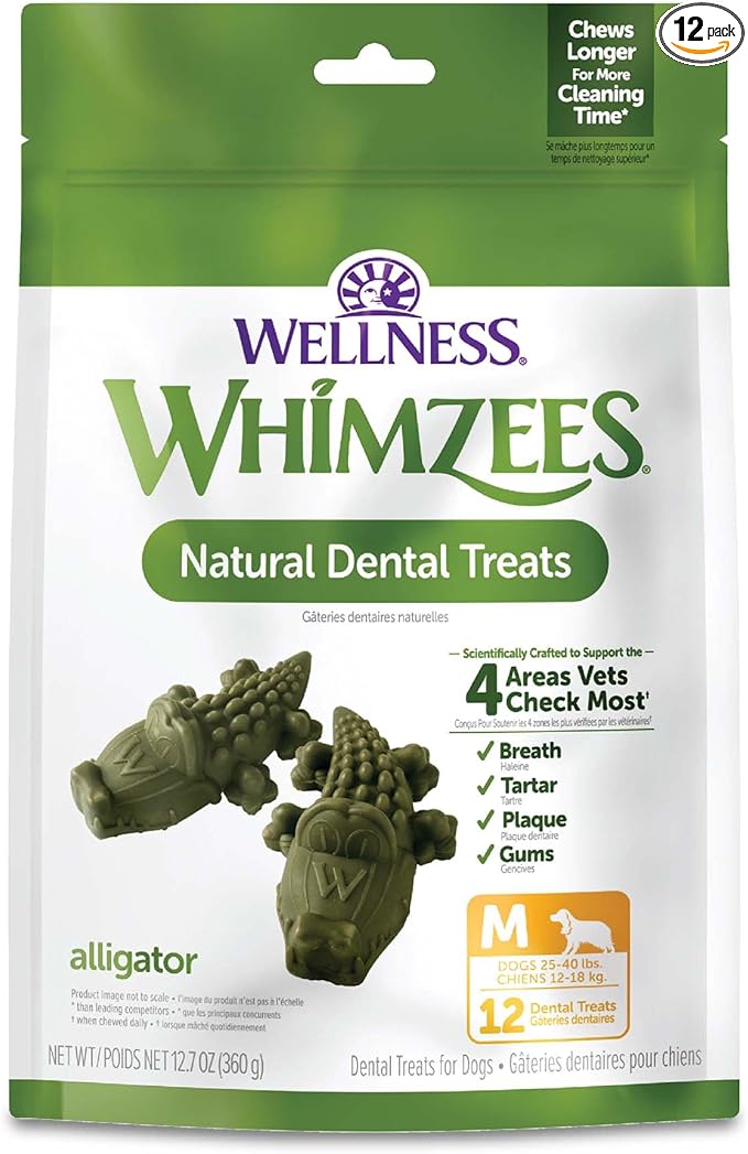 Whimzees Wellness Alligator Natural Dog Dental Treat, Chews, Freshens Breath, Medium Size, 12.7 oz Bag, 12 Count