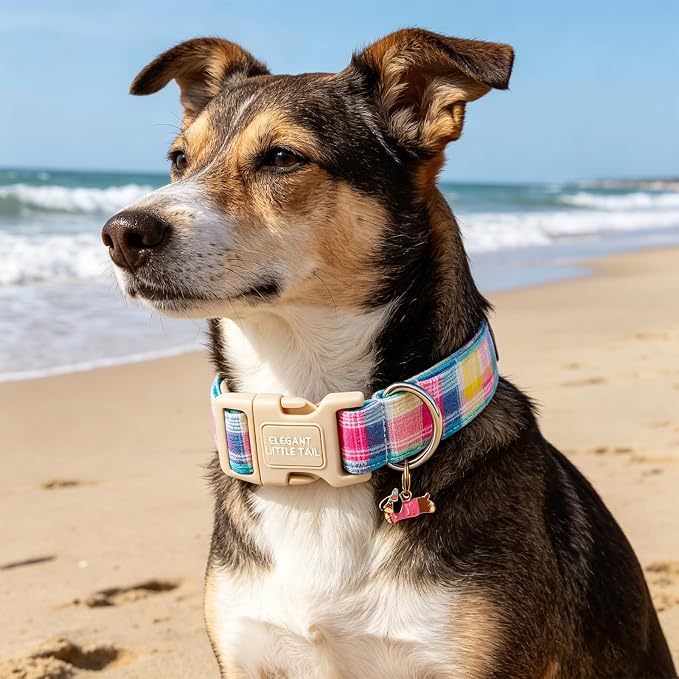 Elegant Little Tail Summer Dog Collar, Pink Plaid Pattern Soft Cotton Pet Collars with Sturdy Quick Release Female Adjustable Pet Collar for Small Medium Large Dogs