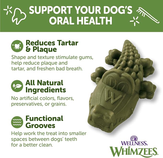 Whimzees Wellness Alligator Natural Dog Dental Treat, Chews, Freshens Breath, Small Size, 12.7 oz Bag, 24 Count