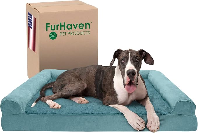 Furhaven Memory Foam Dog Bed for Large Dogs w/ Removable Bolsters & Washable Cover, For Dogs Up to 125 lbs - Plush & Suede Sofa - Deep Pool, Jumbo Plus/XXL