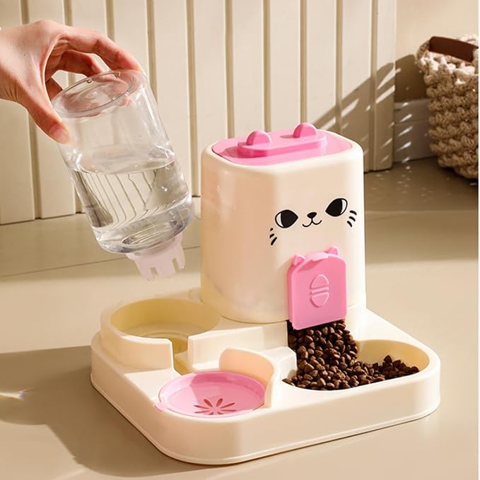 2 in 1 Automatic Pet Feeder Water Dispenser Portable Travel Supplies Cat Food Bowl Food Container for Kitten Small Dogs Bunny, Pink