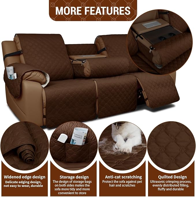Waterproof Recliner Sofa Covers with Flipped Middle Backrest Washable Recliner Couch Covers Non-Slip with Elastic Straps Furniture Protector for Kid Dogs Pets (Brown)