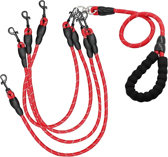 4 Way Dog Leashes,No Tangle Medium Small Dog Walking Leash,Nylon Pet Leash for 1 to 4 Dogs Outdoor Walking (Red)