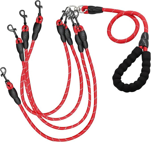 4 Way Dog Leashes,No Tangle Medium Small Dog Walking Leash,Nylon Pet Leash for 1 to 4 Dogs Outdoor Walking (Red)