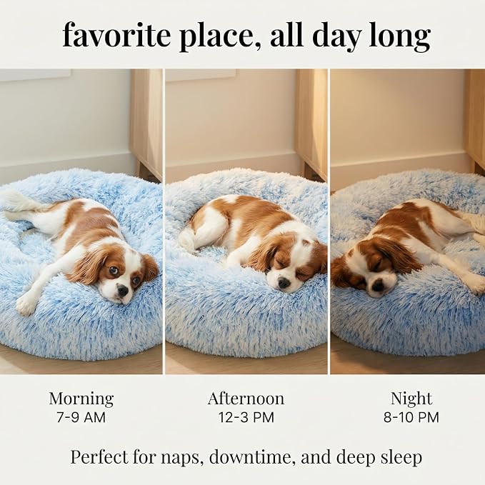 Calming Dog Bed for Medium Dogs Washable Donut 30 inches Anti-Slip Pet Bed,Round Fluffy Plush Faux Fur Cat Bed,Fits up to 45 lbs Pets,Gradient Blue