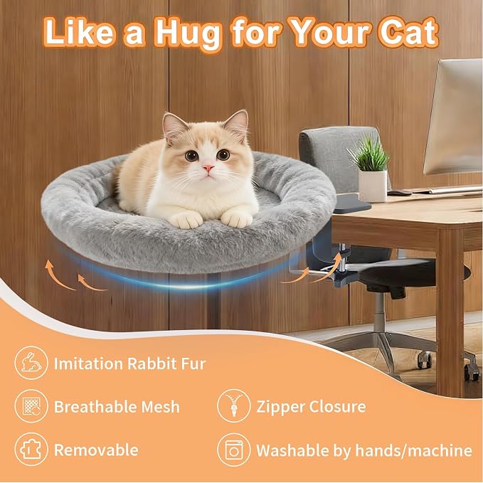 Cat Desk Bed - Ergonomic cat Desk Perch Clamp for Remote Workers - Quality Desktop Suspended Cat's Bed- Rotating Cats Hammock Desk with Removable Cover, Cat Bed Hold UP to 50LBS, Gray