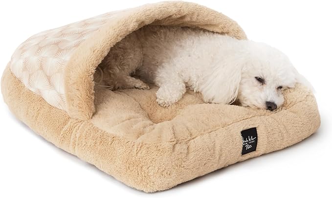 Nicole Miller NEW YORK PET Kendall Fluted Geo Cozy Slipper Cave Pet Bed, Cozy & Calming, Non-Slip Bottom, Machine Washable, Taupe, Small 22"x17"x11"