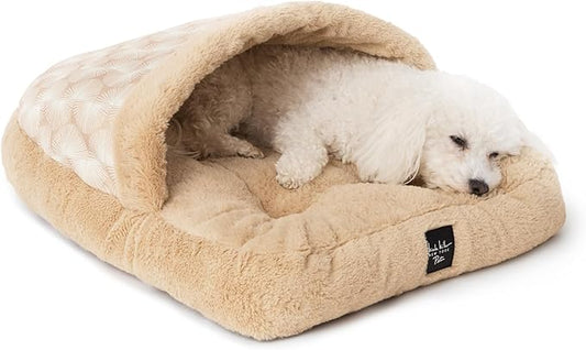Nicole Miller NEW YORK PET Kendall Fluted Geo Cozy Slipper Cave Pet Bed, Cozy & Calming, Non-Slip Bottom, Machine Washable, Taupe, Small 22"x17"x11"