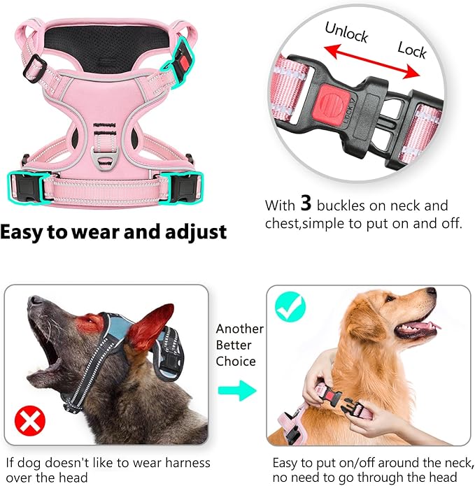 Timos Dog Harness Medium Sized, No Pull Pet Harness with Neck Lockable Snap,No Choke Front Clip Dog Reflective Vest,Adjustable Metal Rings 3 Buckles,Easy Control Handle for Medium Dogs Pink M