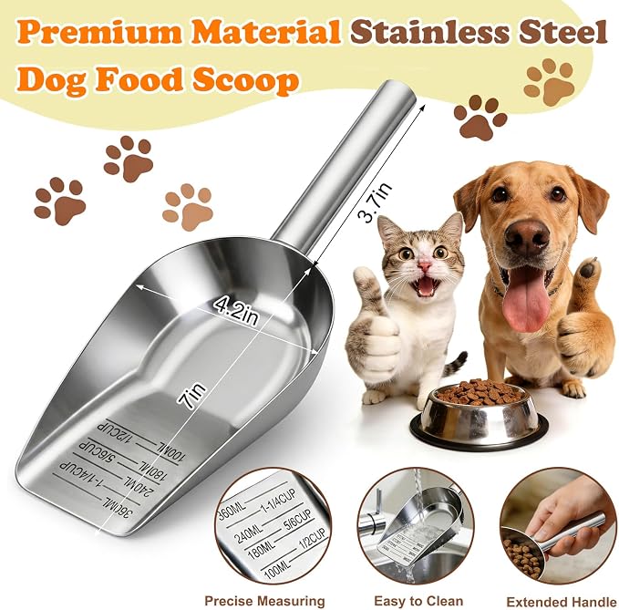 Mity rain Dog Food Scoop Stainless Steel with Long Handle, Precise Dog Food Measuring Cup 1.5, 1 1/4, 1, 3/4, 1/2 Cup, Pet Scoop for Cats, Rabbits, Animals, Metal Spoon for Dog Food Storage (1.5CUP)
