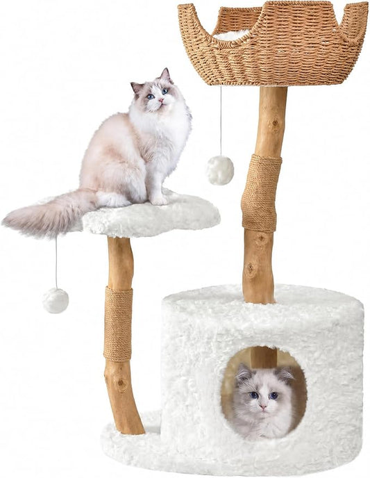 Easyego Modern Cat Tree, 39.9" Aesthetic Wood Cat Tree Tower for Large Cats, Luxury Cat Condo with Scratching Posts and Flower Platforms, Cat Furniture, White