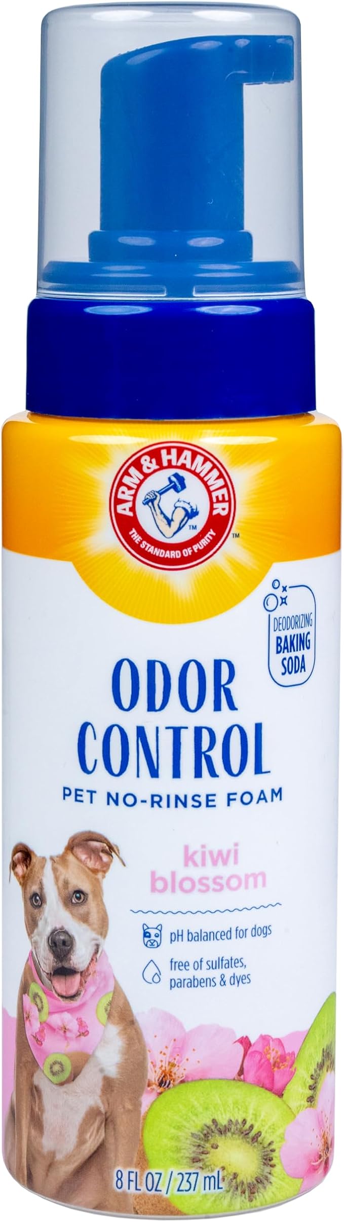 Arm & Hammer for Pets Odor Control No-Rinse Foam Dogs Kiwi Blossom Scent Waterless Baking Soda Deodorizer pH Balanced 8 FL OZ Sulfate-Free