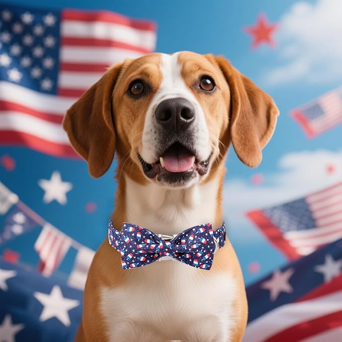 Maca Bates American Flag 4th of July Dog Collar with Bow Tie for Dogs Bowtie 4 of 7 Summer Blue Adjustable Durable Patriotic Collars USA Independence Day Gift for Small Medium Large XL Boy Girl Puppy