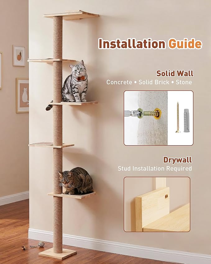 80.3" Tall Cat Tree for Wall, 5 Tier Floor to Ceiling Cat Tree, Adjustable Wall Mounted Cat Tree with 15.7" Top Perch Bed for Large Adult Cats