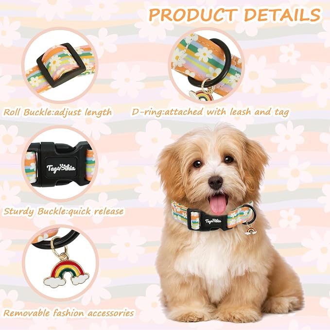 Dog Collar with Rainbows & Flowers Patterns, Spring Summer Collection Dog Collar with Exquisite Pendant, Durable Adjustable Collars for Gifts & Daily Use-XS